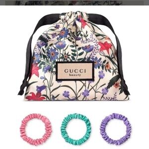 Gucci Beauty Satin Scrunchies w/ Floral Pouch Set